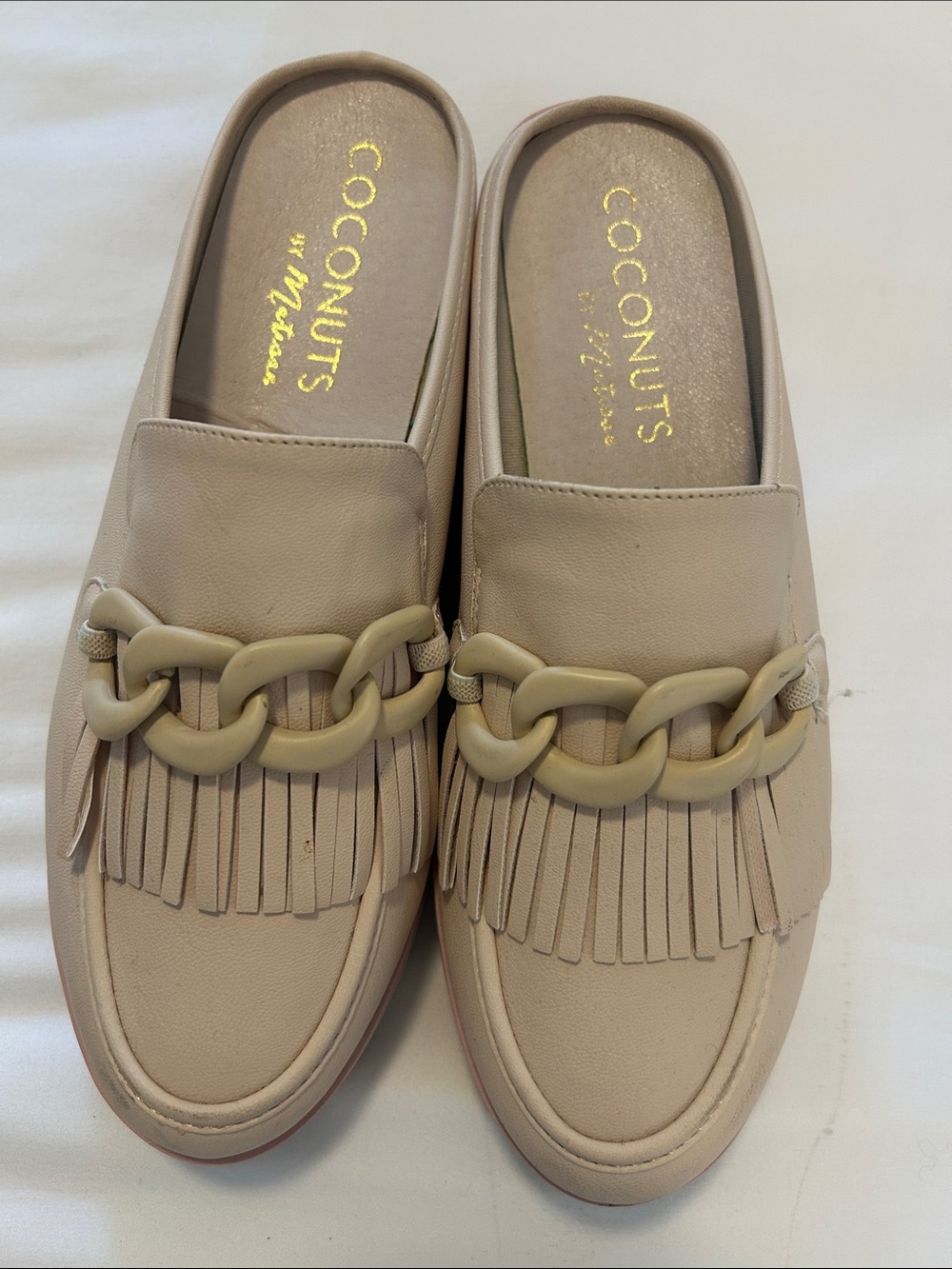 Coconuts by Matisse Taupe Fringe Chain Slip-On Mules